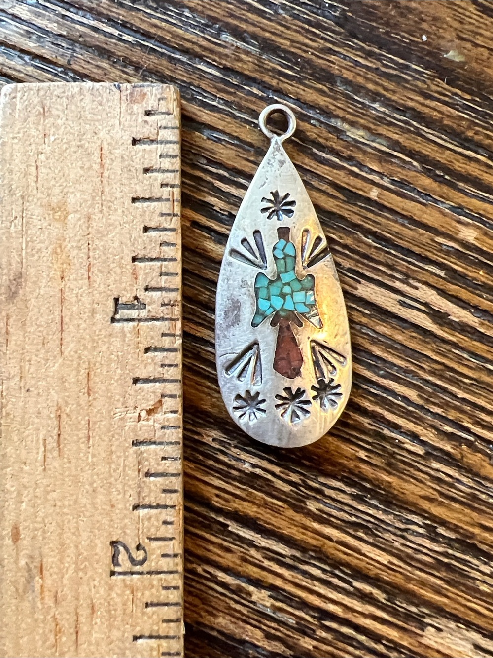 Vintage Sterling Silver Navajo Native American turquoise & coral inlay pendant